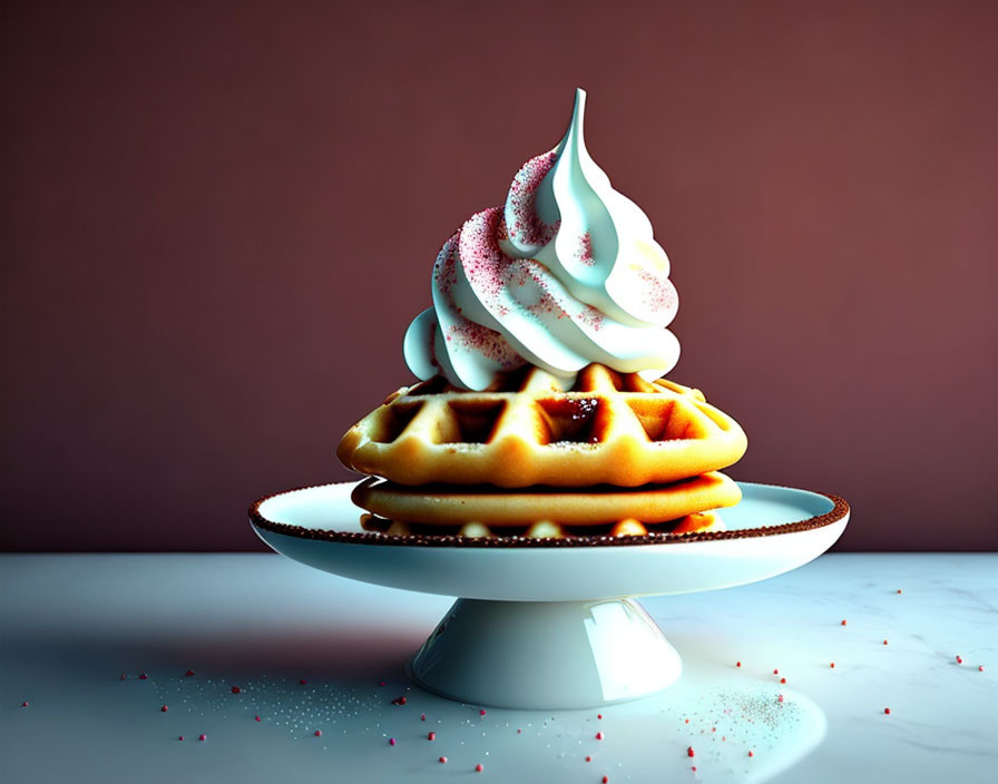 Whipped Cream and Sprinkles Waffle on Pedestal Plate