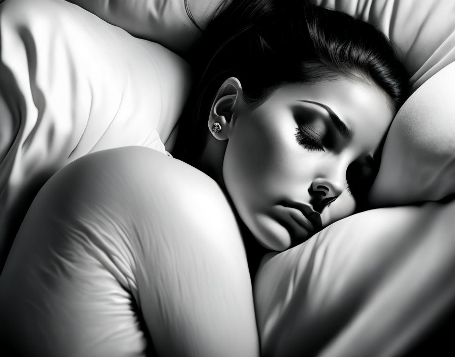 Serene woman sleeping peacefully on white pillows in grayscale