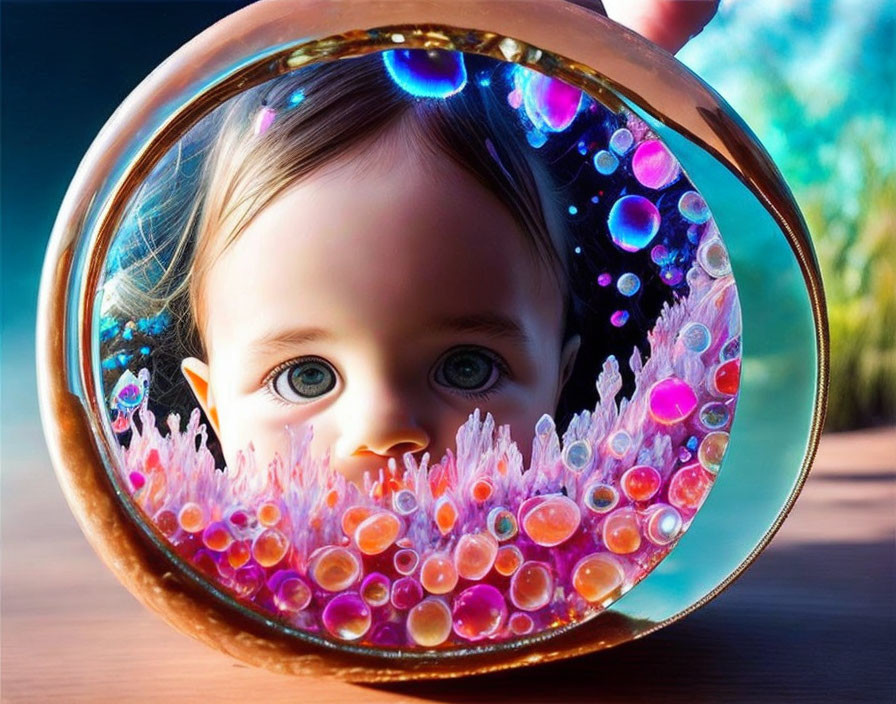 Child's face close-up through glass sphere with bubbles and crystalline patterns