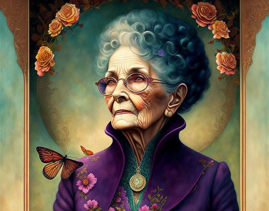 Elderly woman with blue hair and butterfly on shoulder in purple floral jacket