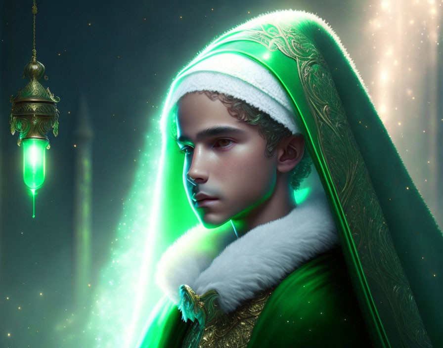 Young person in green and gold robe under mystical green light with ornate lamp.