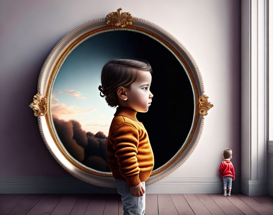 Surreal boy's reflection in ornate mirror depicts smaller version