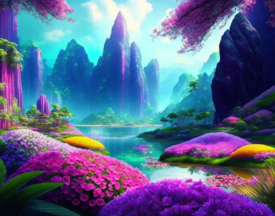 Vibrant fantasy landscape: towering pink cliffs, serene lake, lush fields, colorful flowers, bright