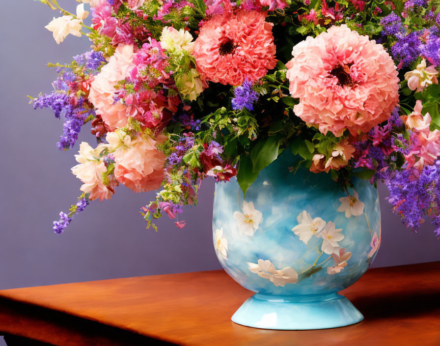 Colorful Flower Bouquet in Blue Vase on Wooden Surface