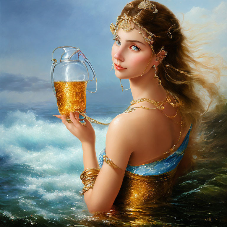 Woman with ornate golden jewelry holding fishbowl in tumultuous ocean.