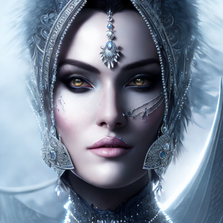 Portrait of a woman with yellow eyes, silver jewelry, and white fur headdress