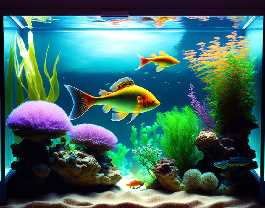 Colorful Fish, Coral, and Plants in Vibrant Aquarium