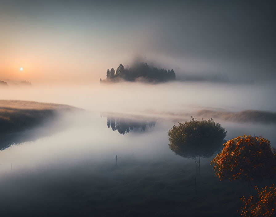 Mist-covered sunrise landscape with island and golden tree