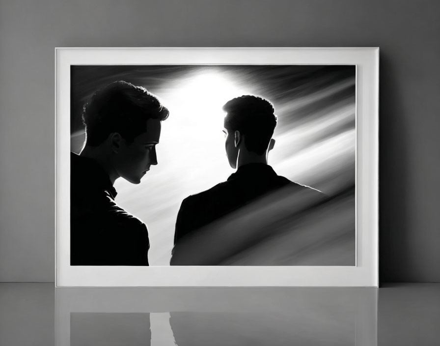 Monochrome silhouettes of two men under bright backlight on gray backdrop