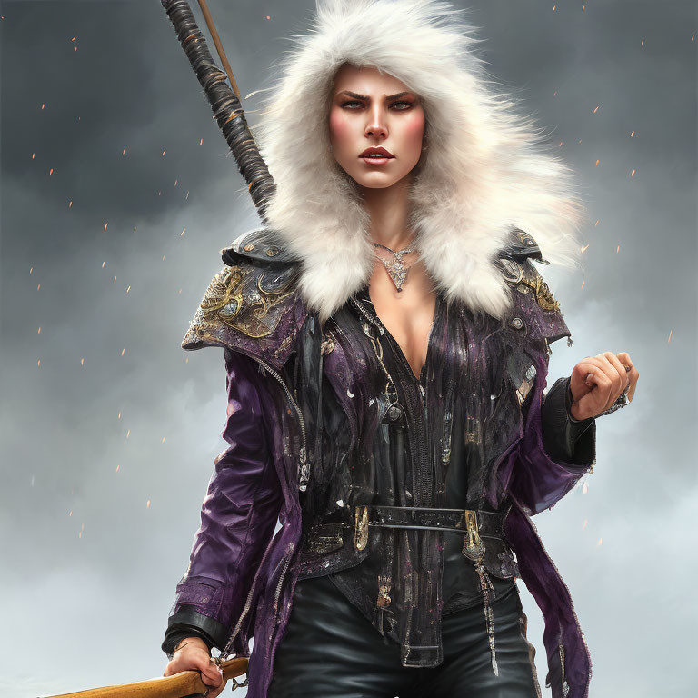 Medieval woman in purple attire with bow against stormy backdrop