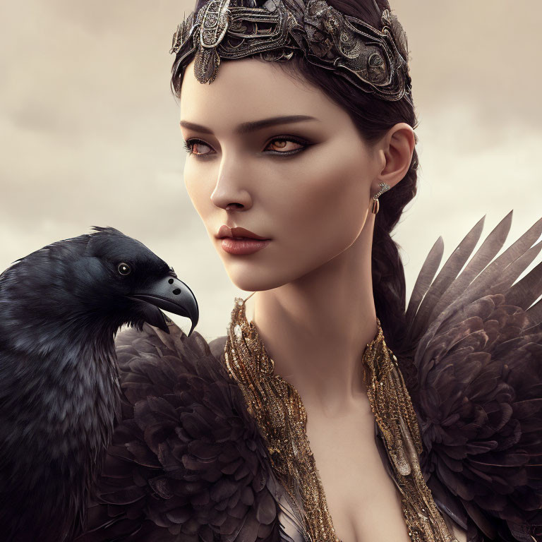 Woman with ornate headdress and raven in intense gaze on muted background