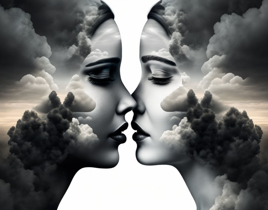 Monochromatic surreal artwork: Mirrored silhouettes blend with dark clouds