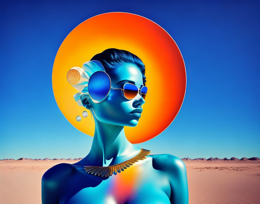 Colorful digital artwork: Blue-skinned woman with sunglasses in desert scenery