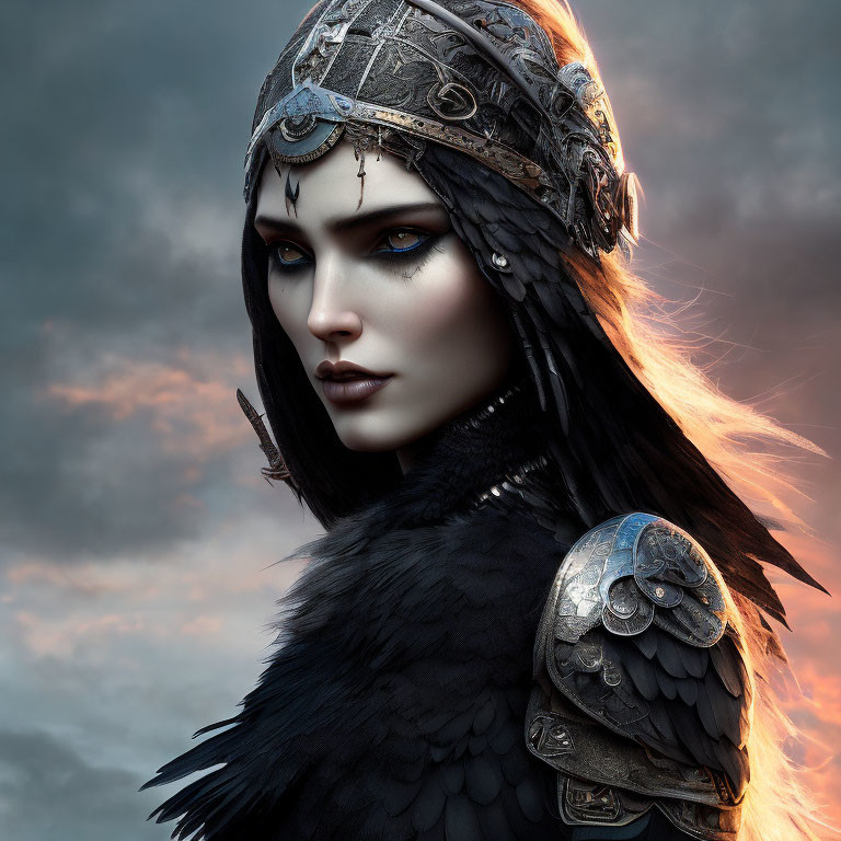 Fantasy female warrior digital portrait with blue eyes and metallic headdress