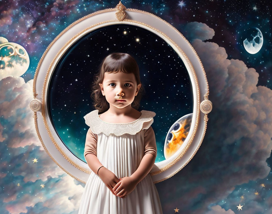 Young Child in Ornate Oval Frame Amid Cosmic Backdrop