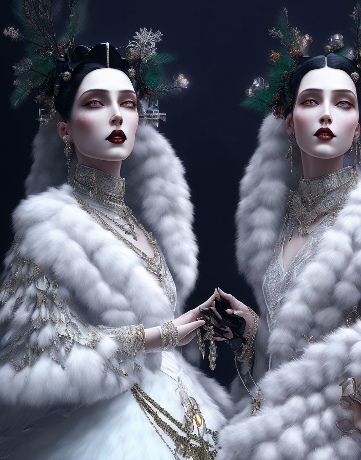 Two Women in White Fur Coats with Dark Lipstick and Gold Jewelry