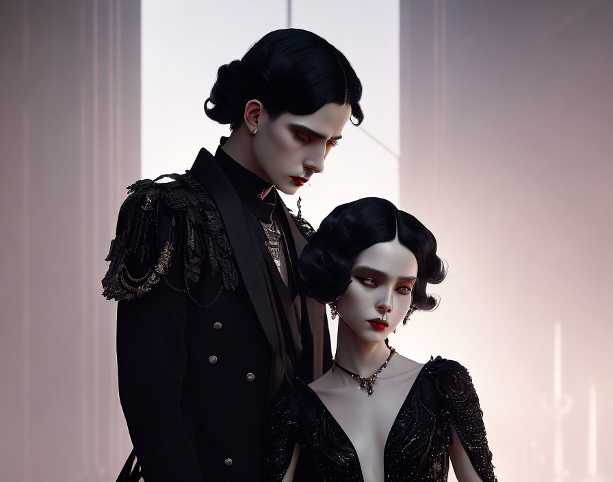 Gothic-styled figures in ornate black outfits pose dramatically