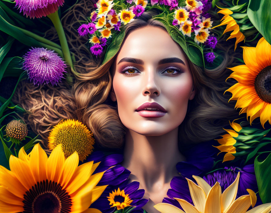 Woman with floral wreath surrounded by sunflowers and blooms with striking makeup.