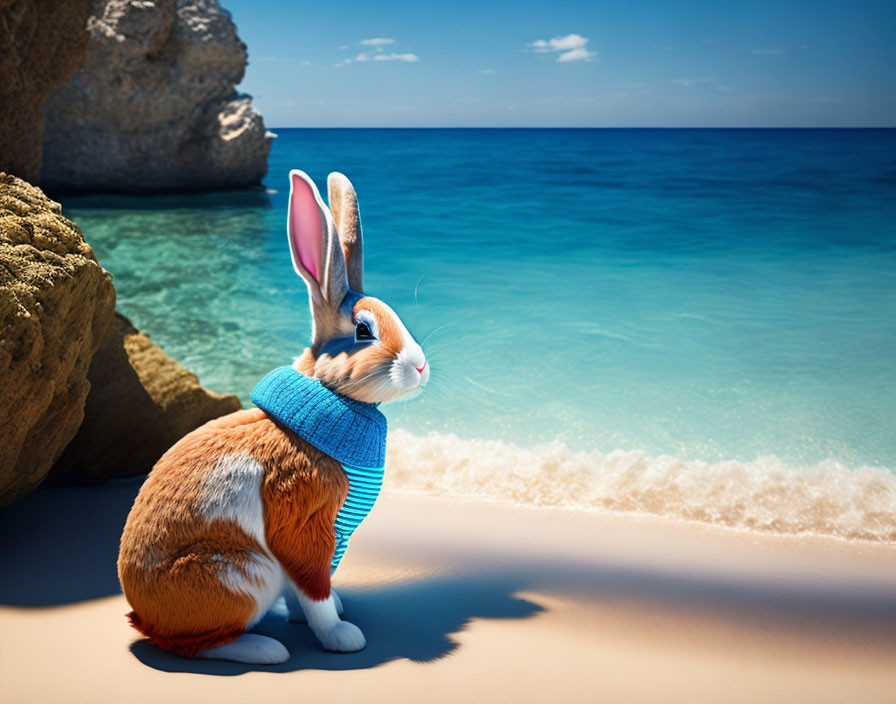 Rabbit in Blue Sweater on Sandy Beach with Ocean View