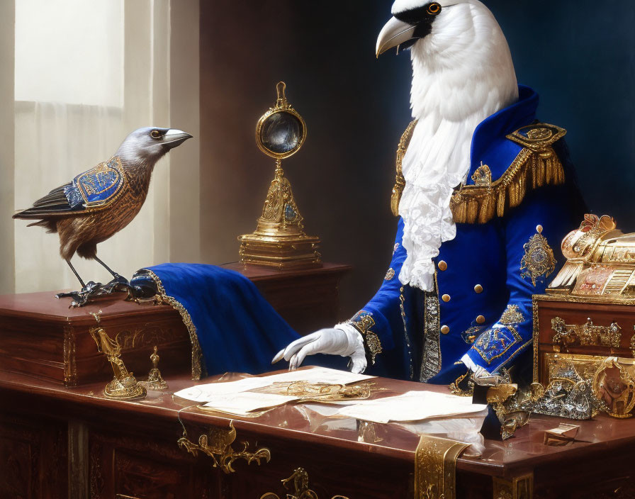 Regal anthropomorphic eagle and raven at luxurious desk with map