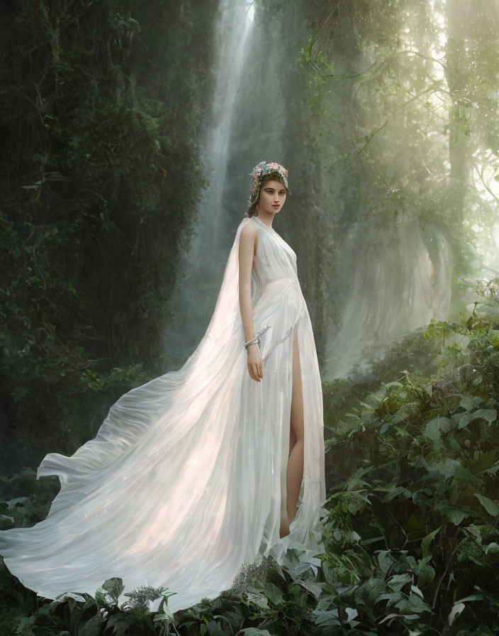 Woman in White Gown Stands in Misty Forest with Waterfall