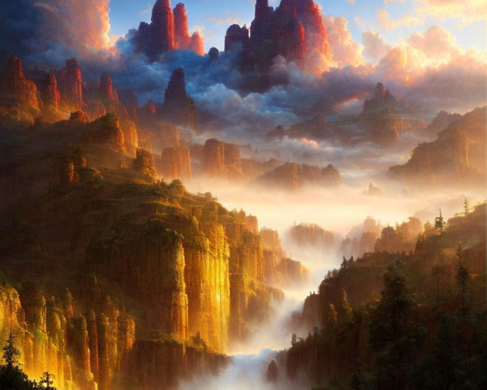 Sunlight illuminates misty canyons with dramatic rock spires