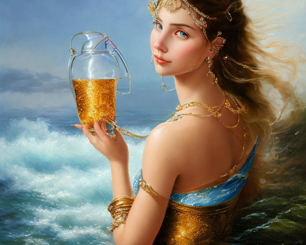 Woman with ornate golden jewelry holding fishbowl in tumultuous ocean.