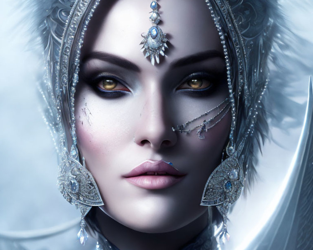 Portrait of a woman with yellow eyes, silver jewelry, and white fur headdress