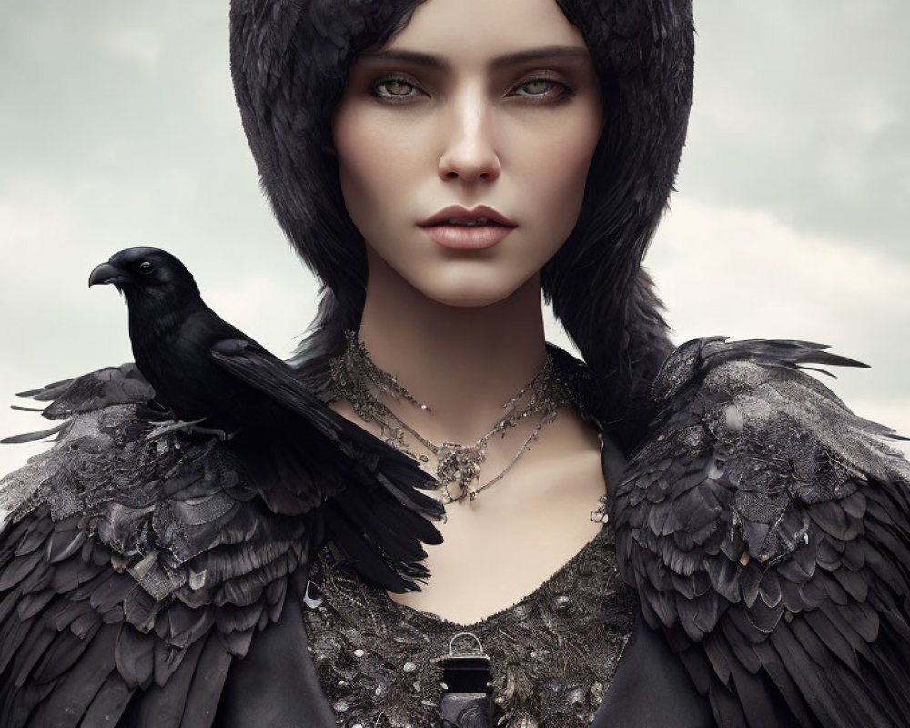 Pale-skinned woman in feathered attire with crow on shoulder under cloudy sky