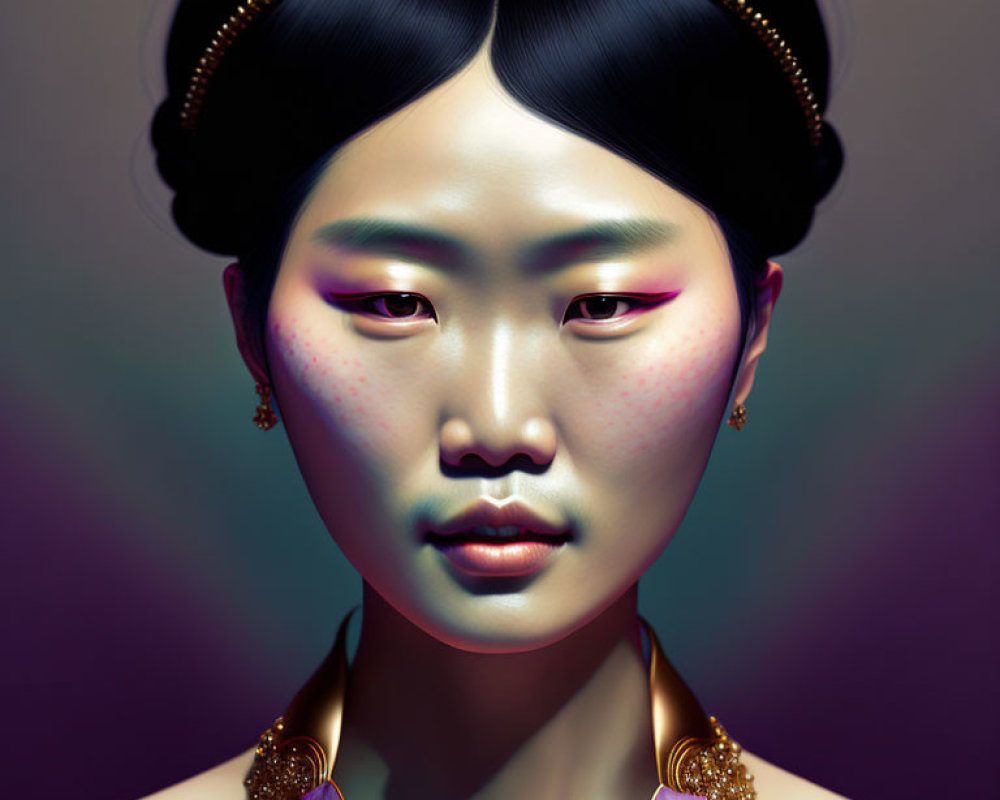 Digital portrait of woman with Asian features and vibrant purple makeup.