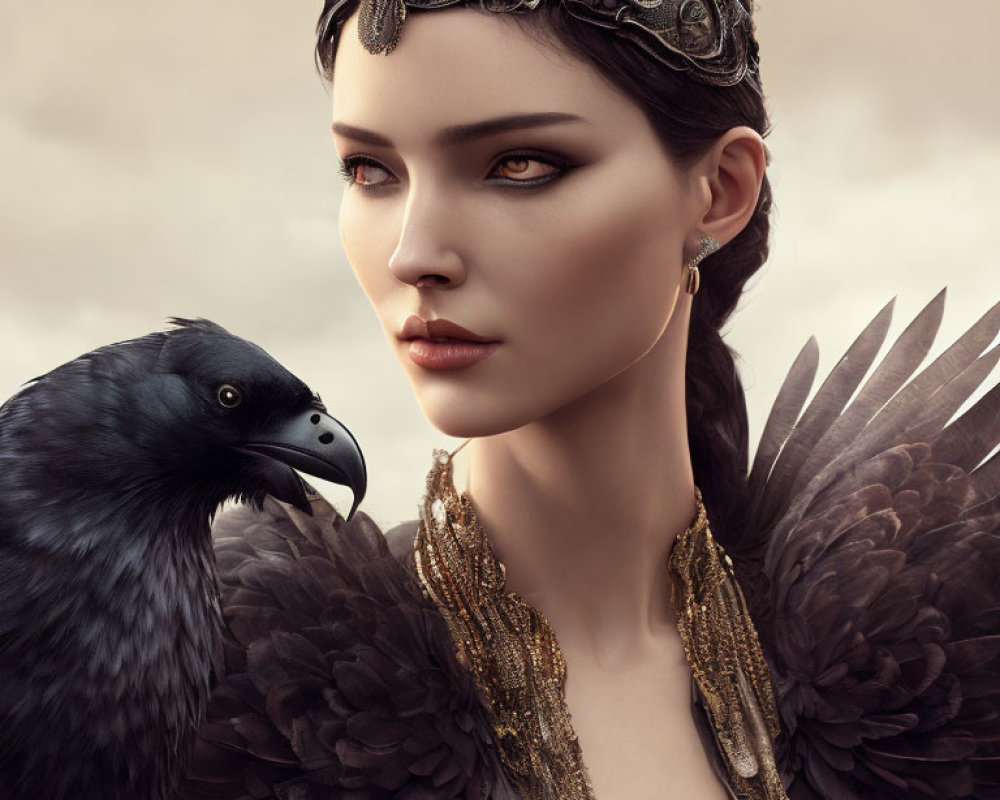 Woman with ornate headdress and raven in intense gaze on muted background