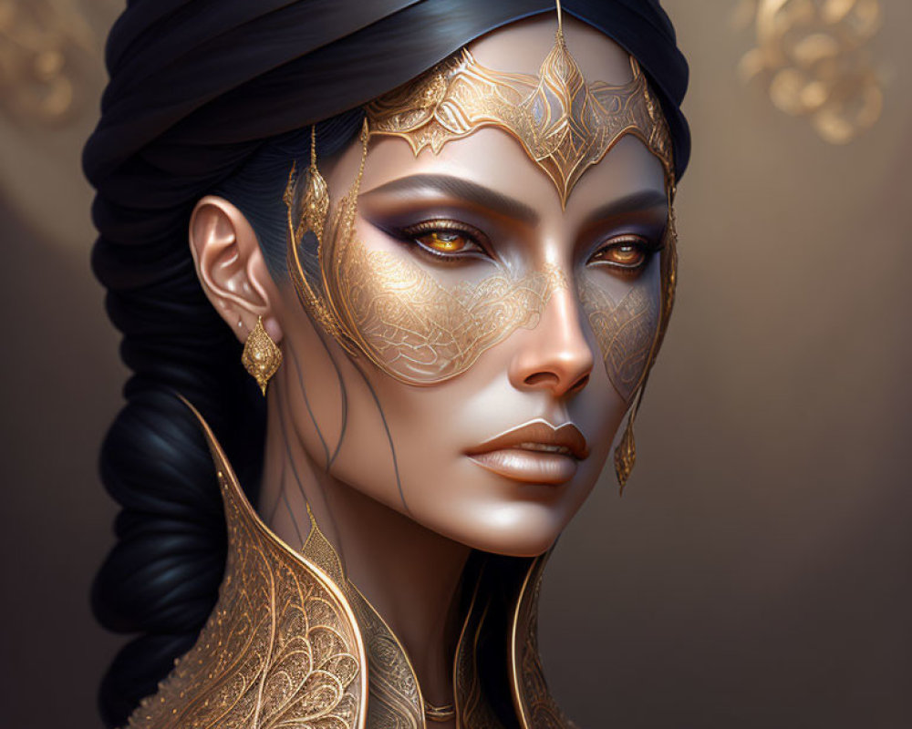 Regal woman with golden facial jewelry and headdress on warm background