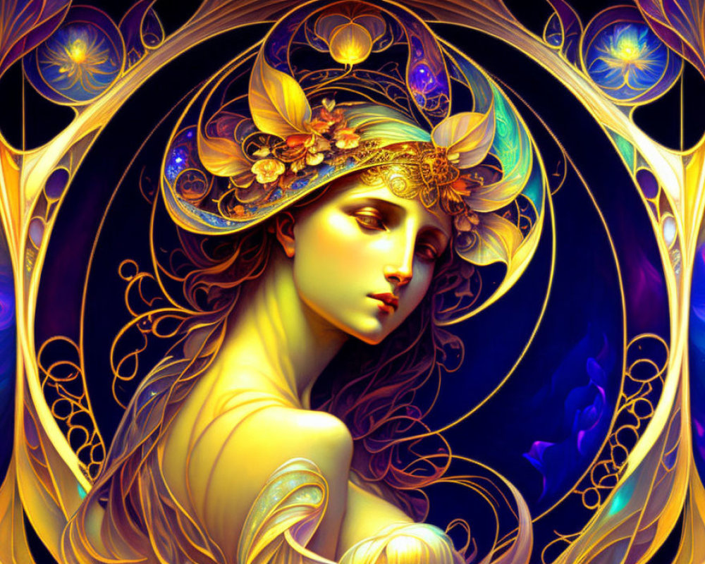 Ethereal woman with golden Art Nouveau accessories in cosmic floral scene