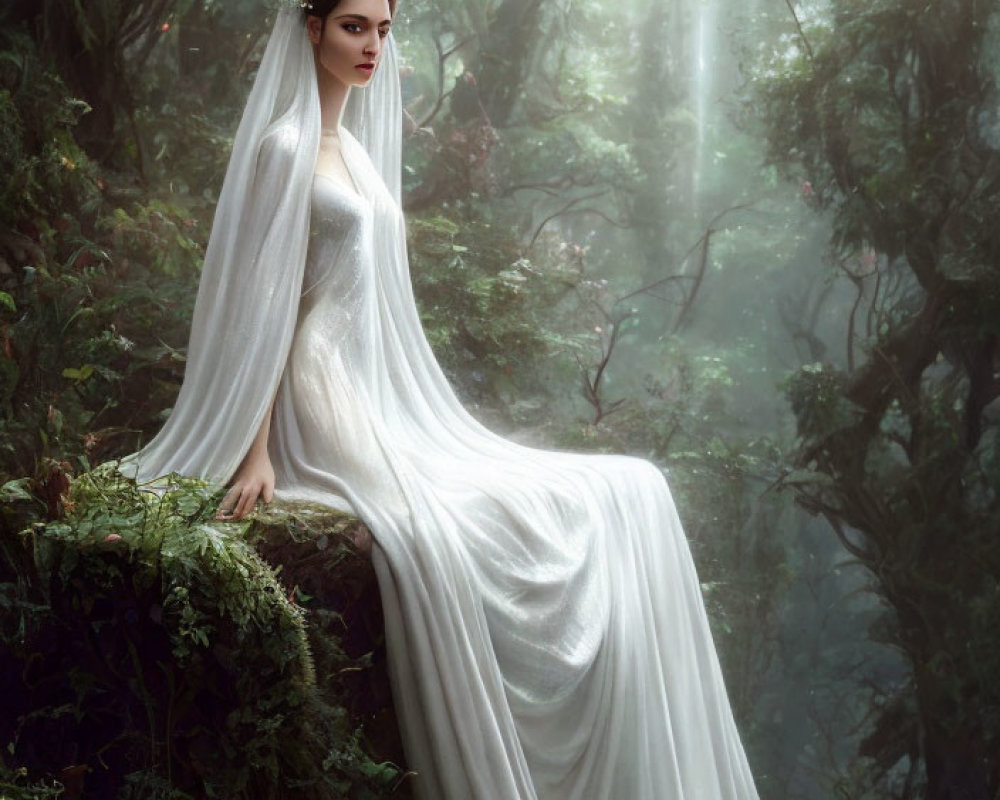 Woman in white gown and tiara sitting on forest branch in misty light