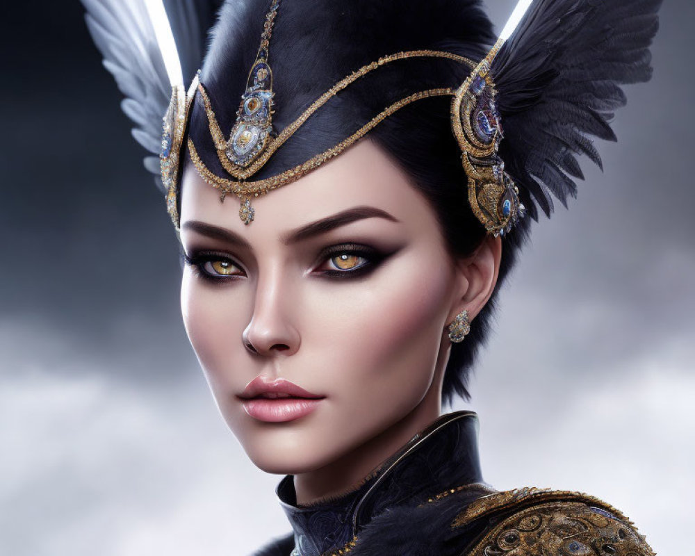 Person with Dramatic Makeup and Ornate Headdress: Black Feathers and Gold Accents