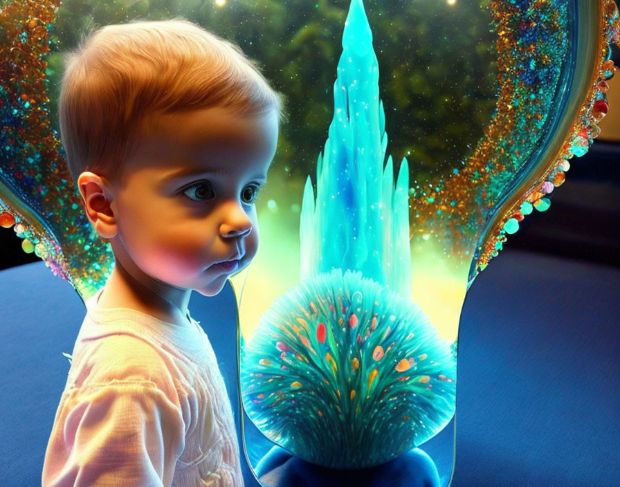 Toddler admires vibrant fantasy crystal structure