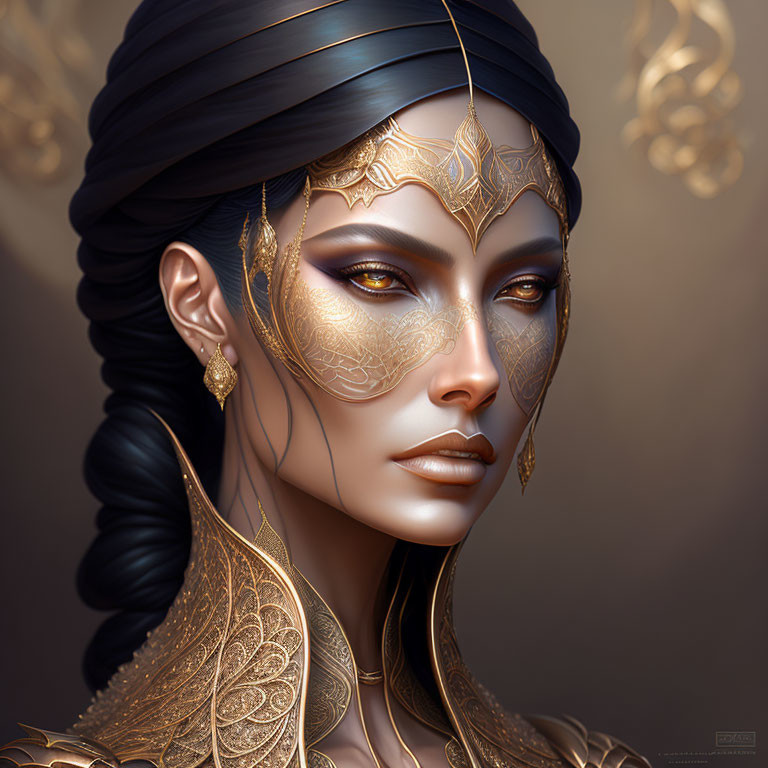 Regal woman with golden facial jewelry and headdress on warm background