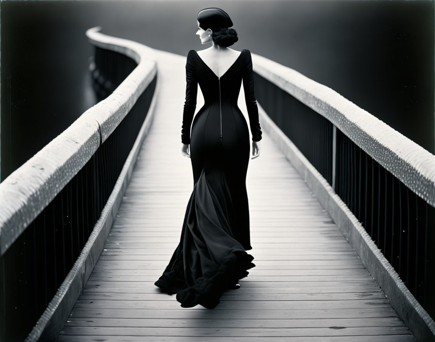 Woman in black gown on curved wooden bridge in moody black and white scene