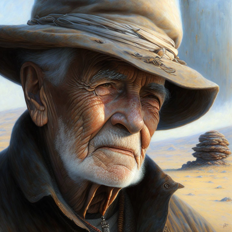 Elderly man with hat and deep wrinkles in desert portrait