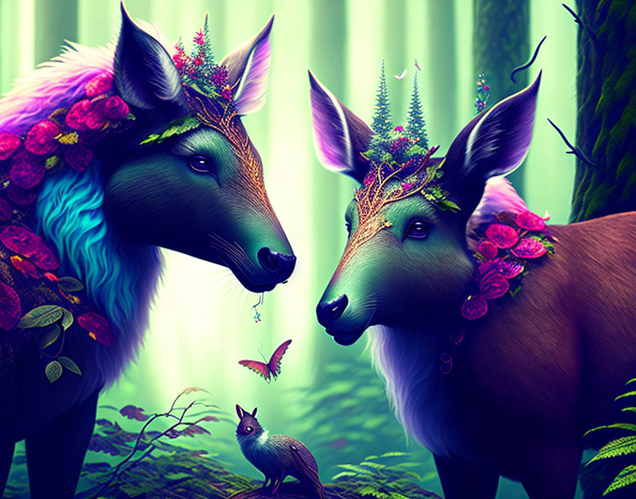 Fantasy deer with floral head adornments in enchanted forest scene