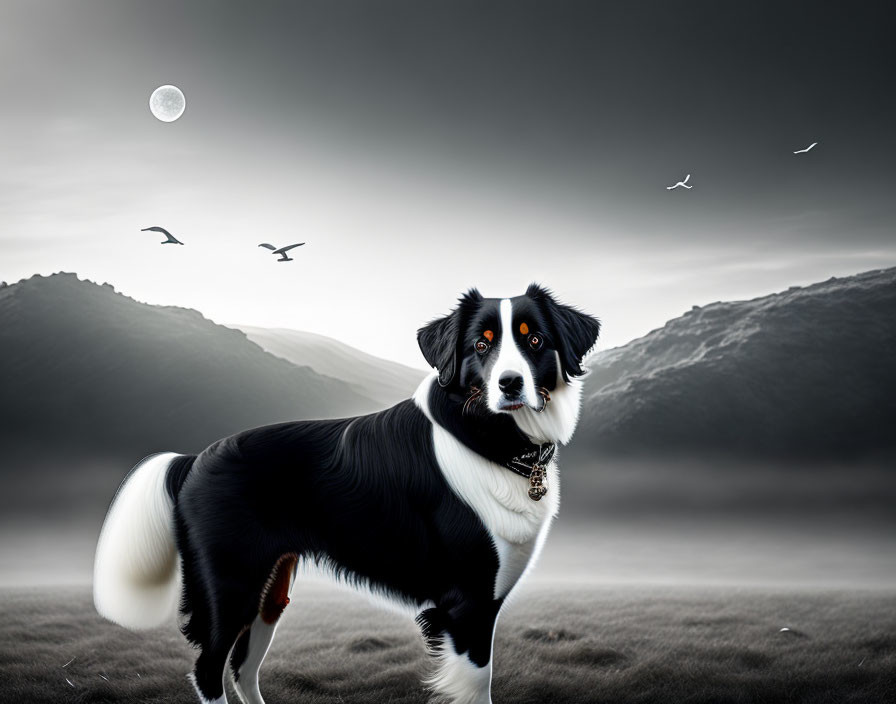 Black and White Border Collie in Misty Field with Birds and Moon