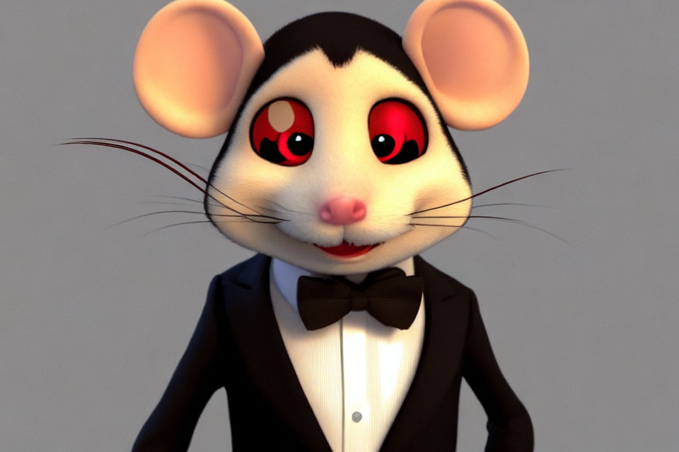 Cartoon Mouse 3D Illustration with Red Eyes and Black Suit