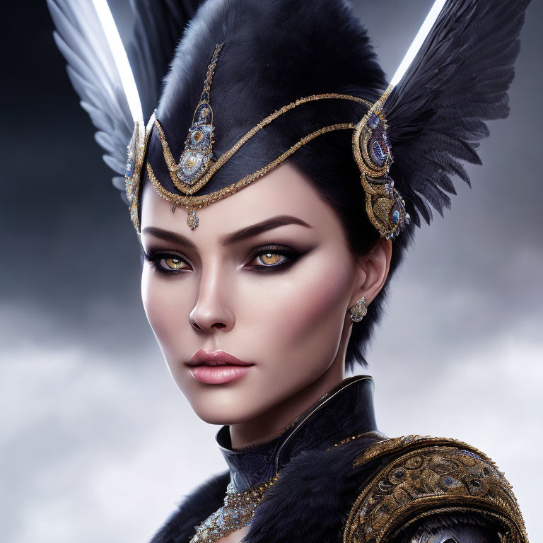 Person with Dramatic Makeup and Ornate Headdress: Black Feathers and Gold Accents