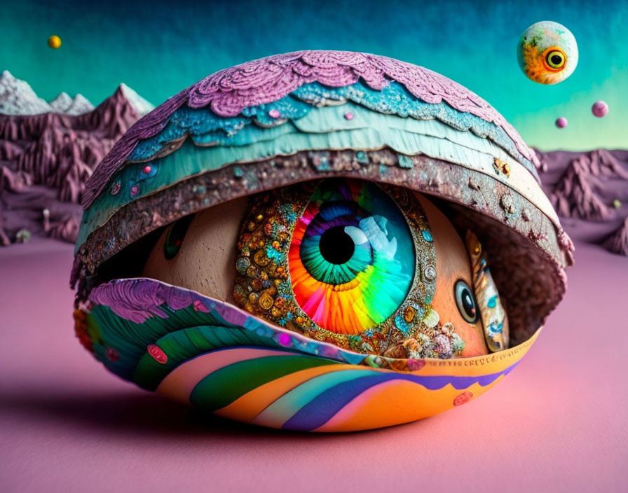 Vibrant digital artwork: Eye in layered sphere on fantastical landscape