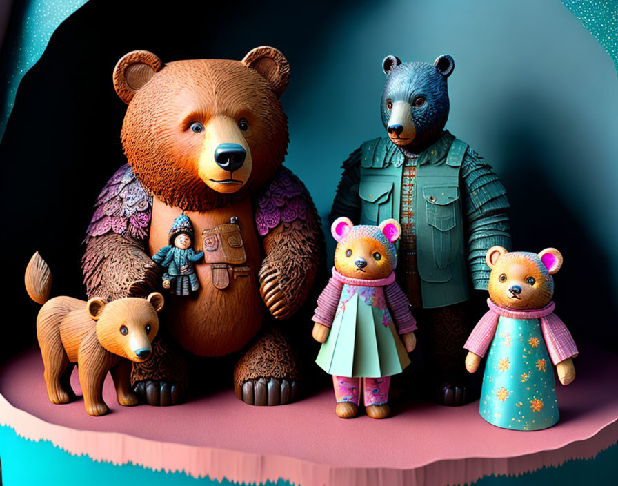 Anthropomorphic Bear Family Illustration in Clothes under Starry Sky