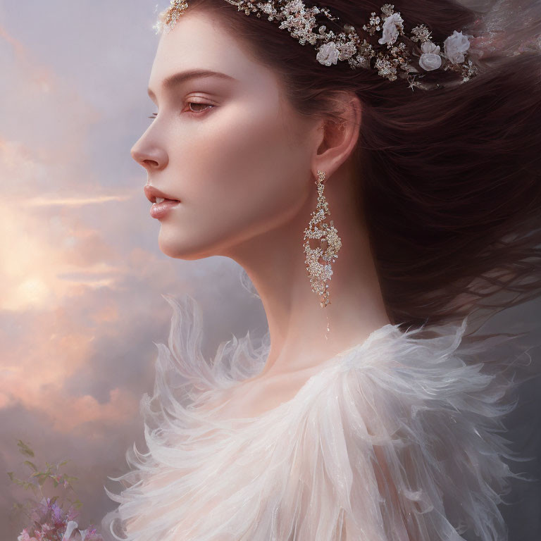 Woman with Floral Crown and Elegant Earrings in White Feathery Outfit