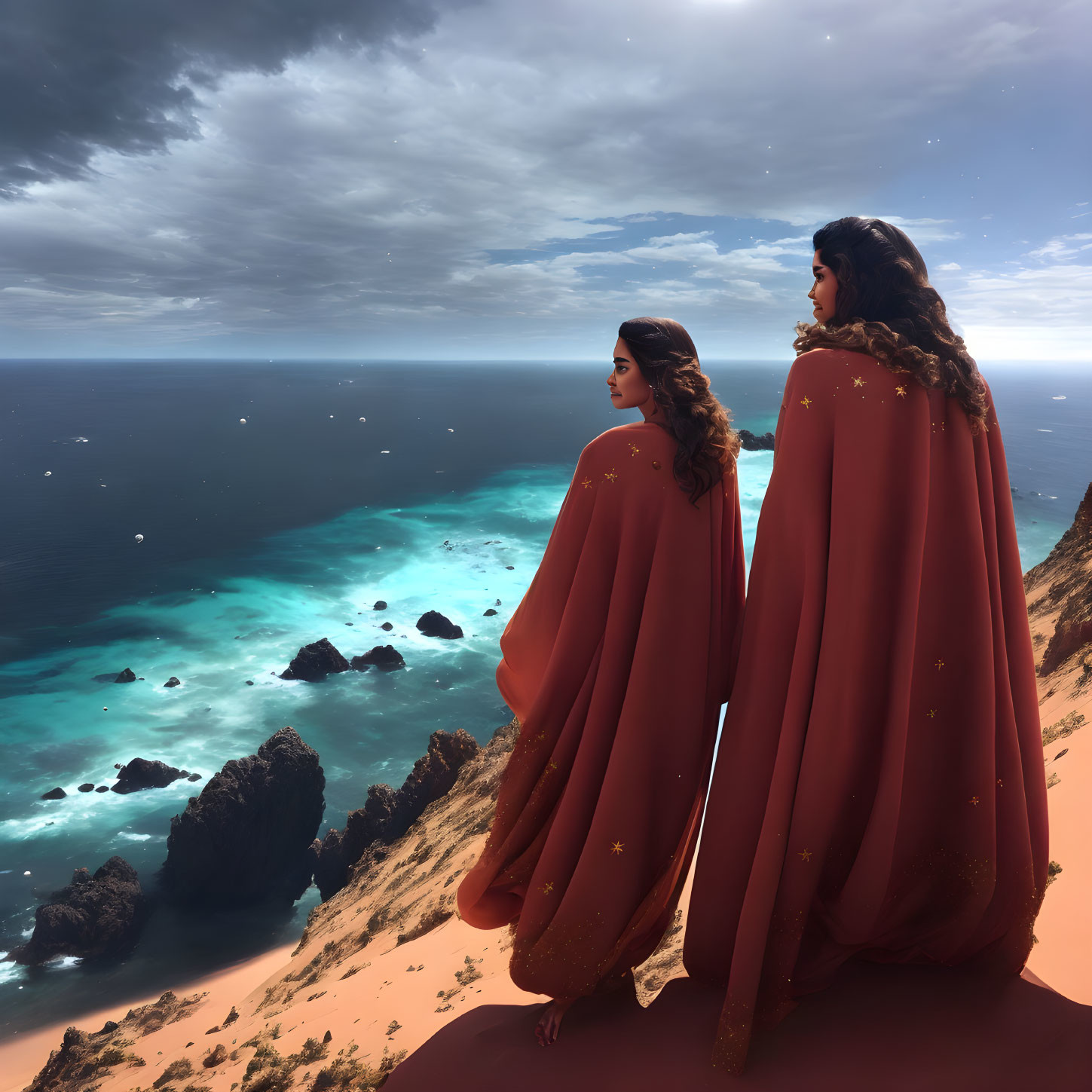 Two Women in Red Cloaks Stand on Cliff Overlooking Blue Ocean