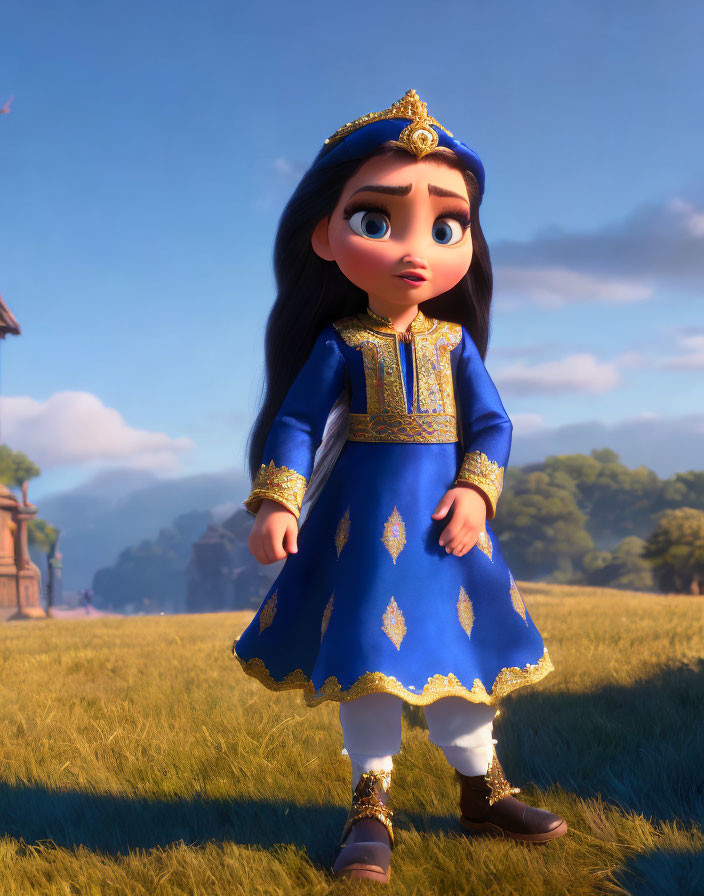Young princess in blue and gold traditional dress in sunny field