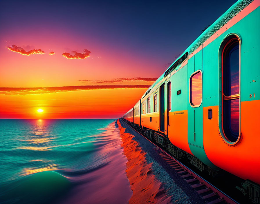 Colorful train on coastal railway at sunset with orange and purple sky.