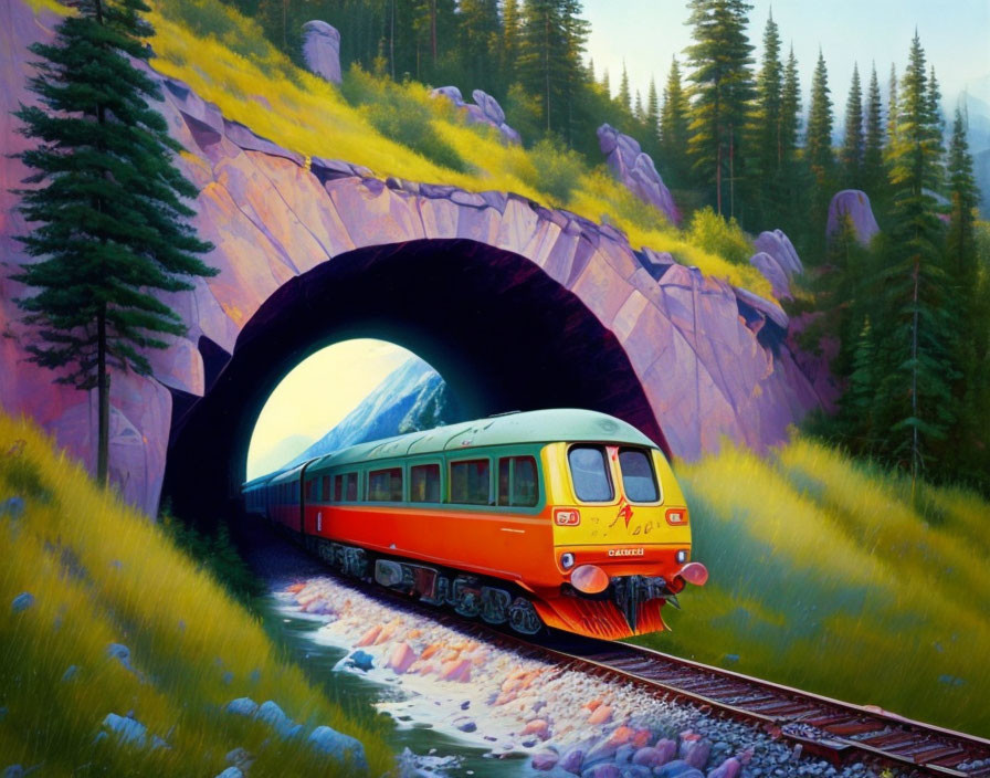 Colorful painting: Red train in mountain tunnel